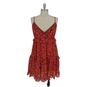 01534 Opullence Feather Print Ruffle Dresss Red Medium bohemian cocktail party